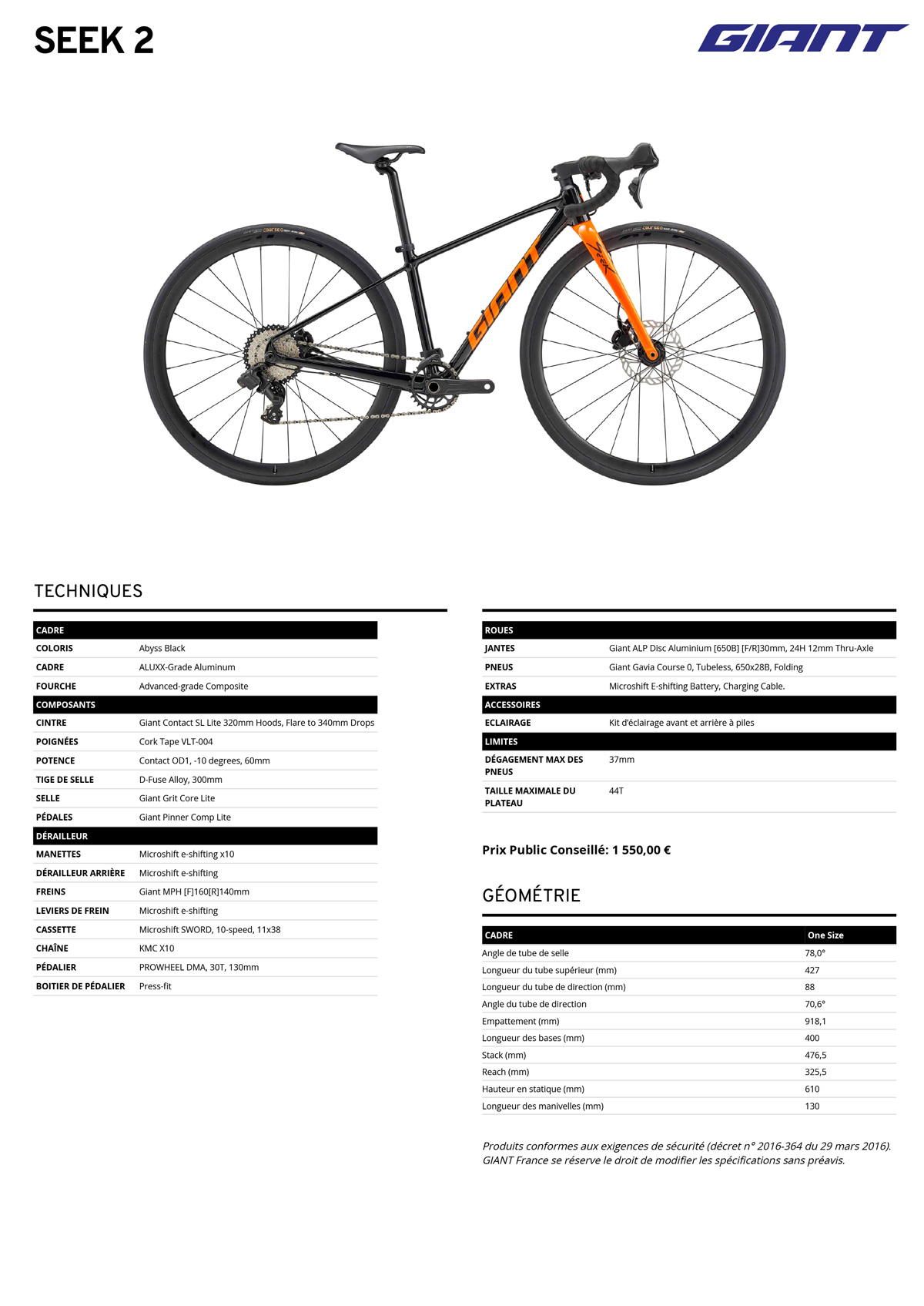 Fiche technique du velo Seek 2 année 2026